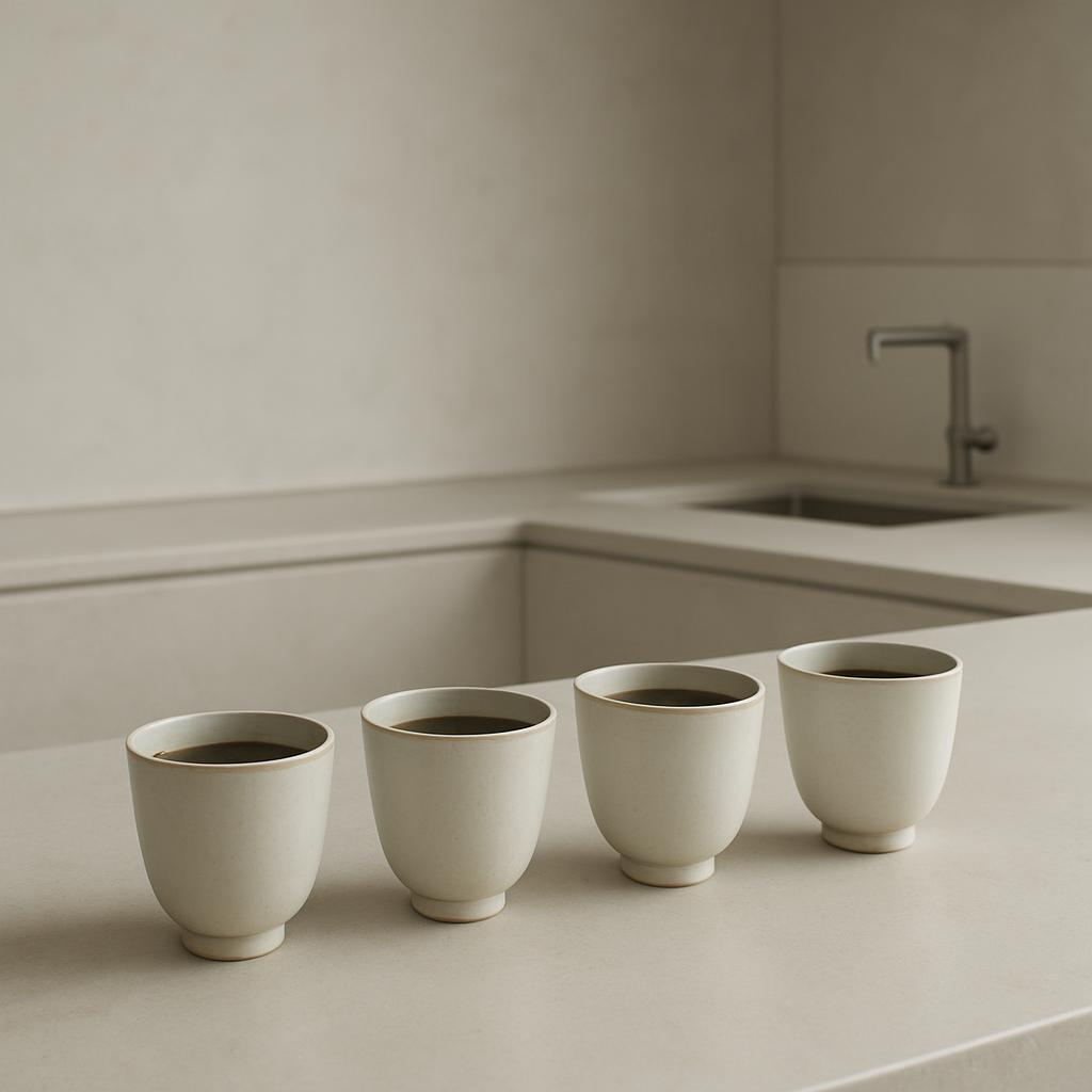 This image features four white ceramic cups filled with black coffee, arranged in a row on the edge of a kitchen counter. ...