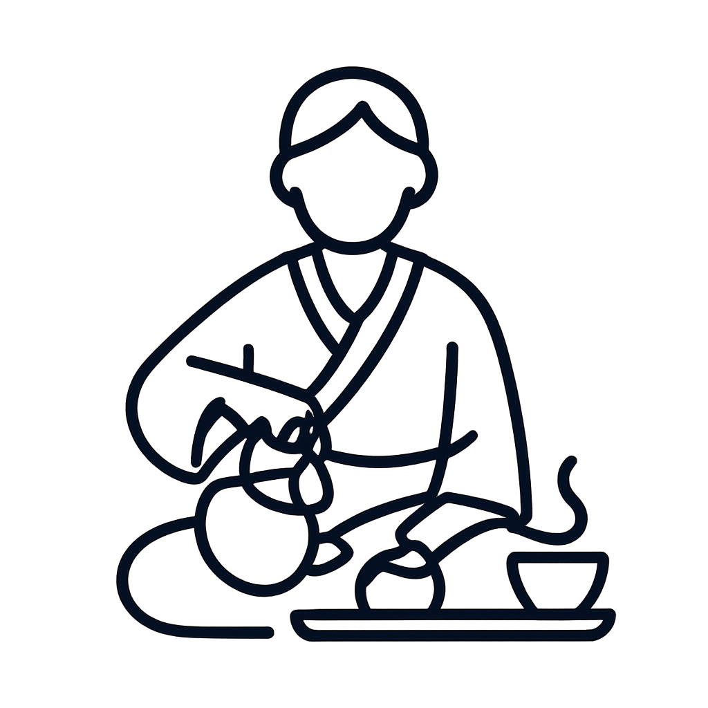 Un robot préparant une tasse de café chaud, stylisé dans un motif uni avec un arrière-plan noir fond et des gestes figurés...